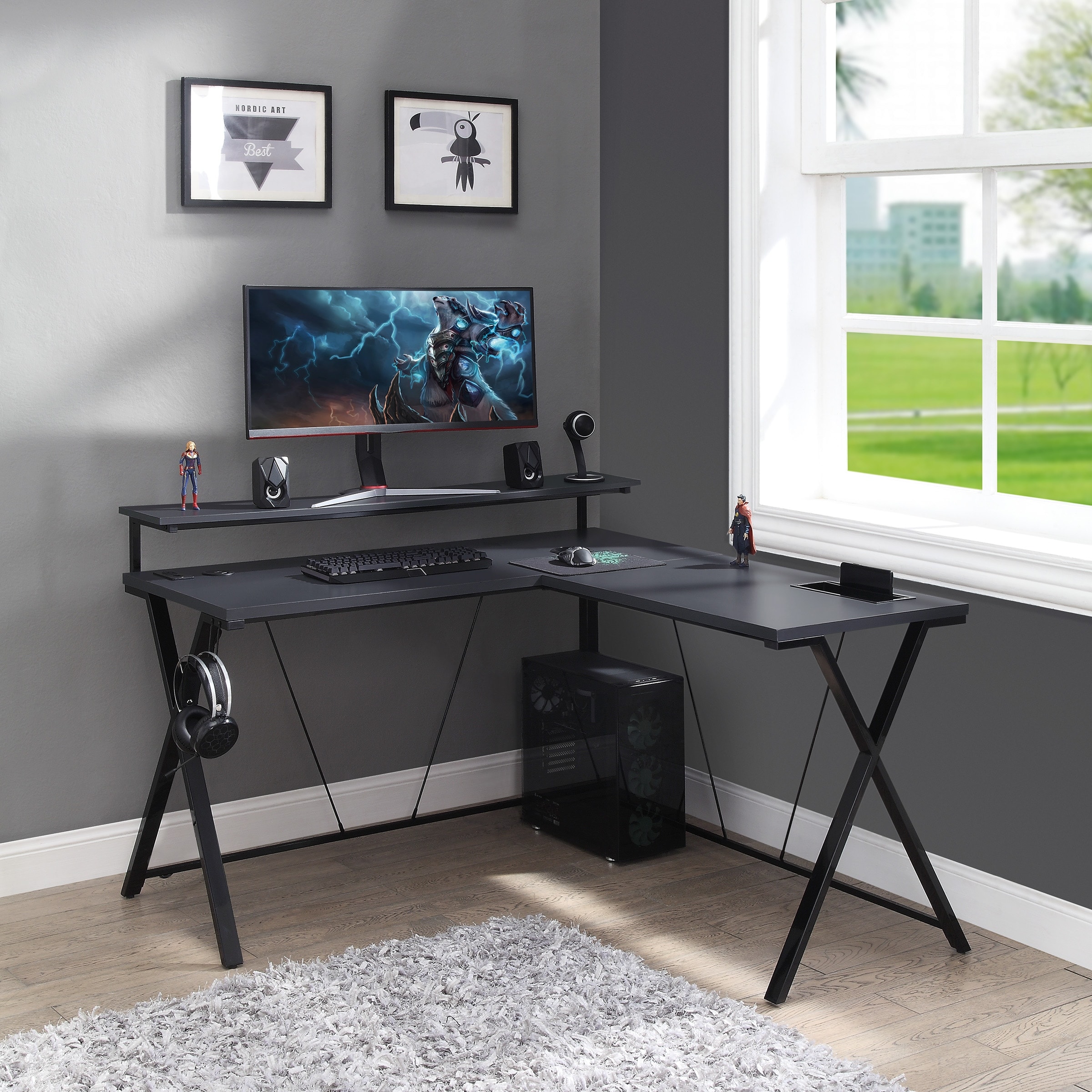 L shaped gaming desk with led lights clearance