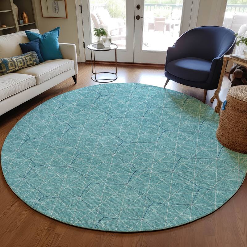 Machine Washable Indoor/ Outdoor Mosaic Geo Chantille Rug - Teal - 8' x 8'