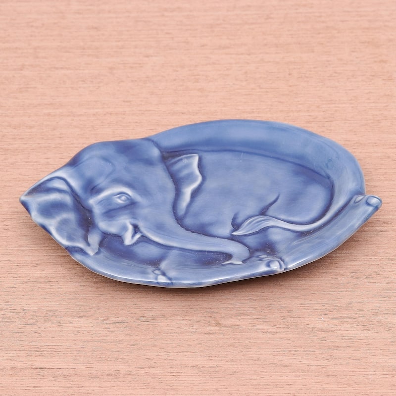 Novica Handmade Elephant At Rest In Blue Celadon Ceramic Plate