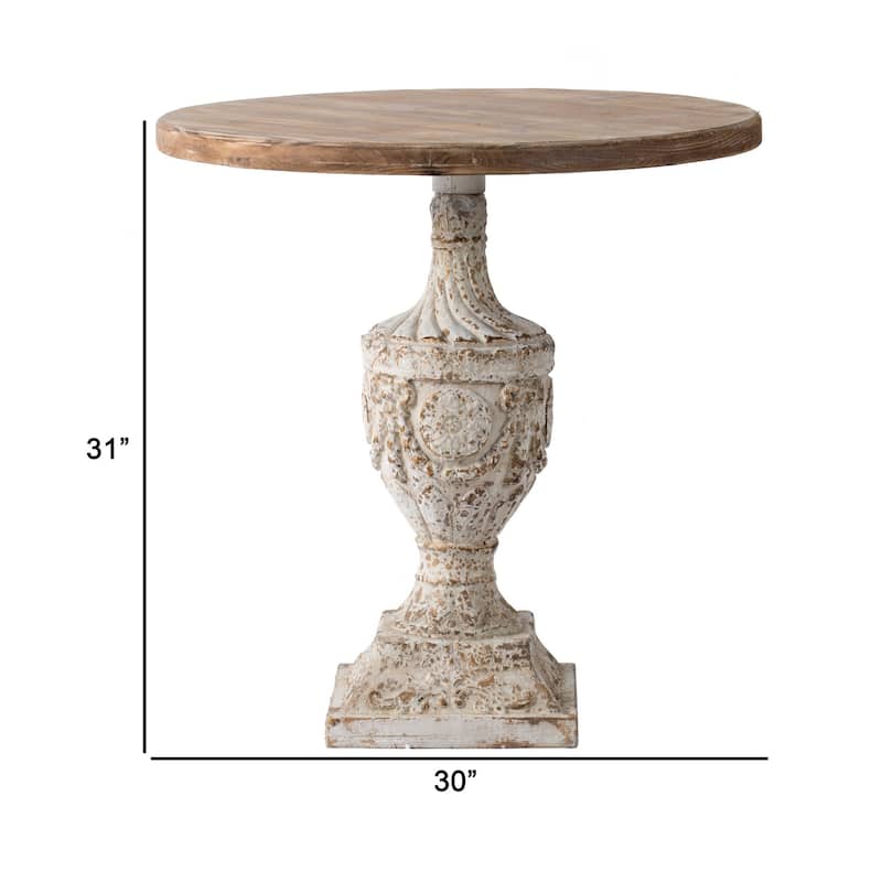 31 Inch Round Accent Side Table, Fir Wood, Engraved, Brown, Antique White