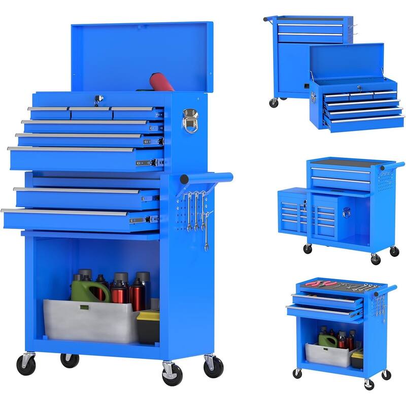 8-Drawer Rolling Tool Storage Cabinet with Detachable Top Tool Box - Blue