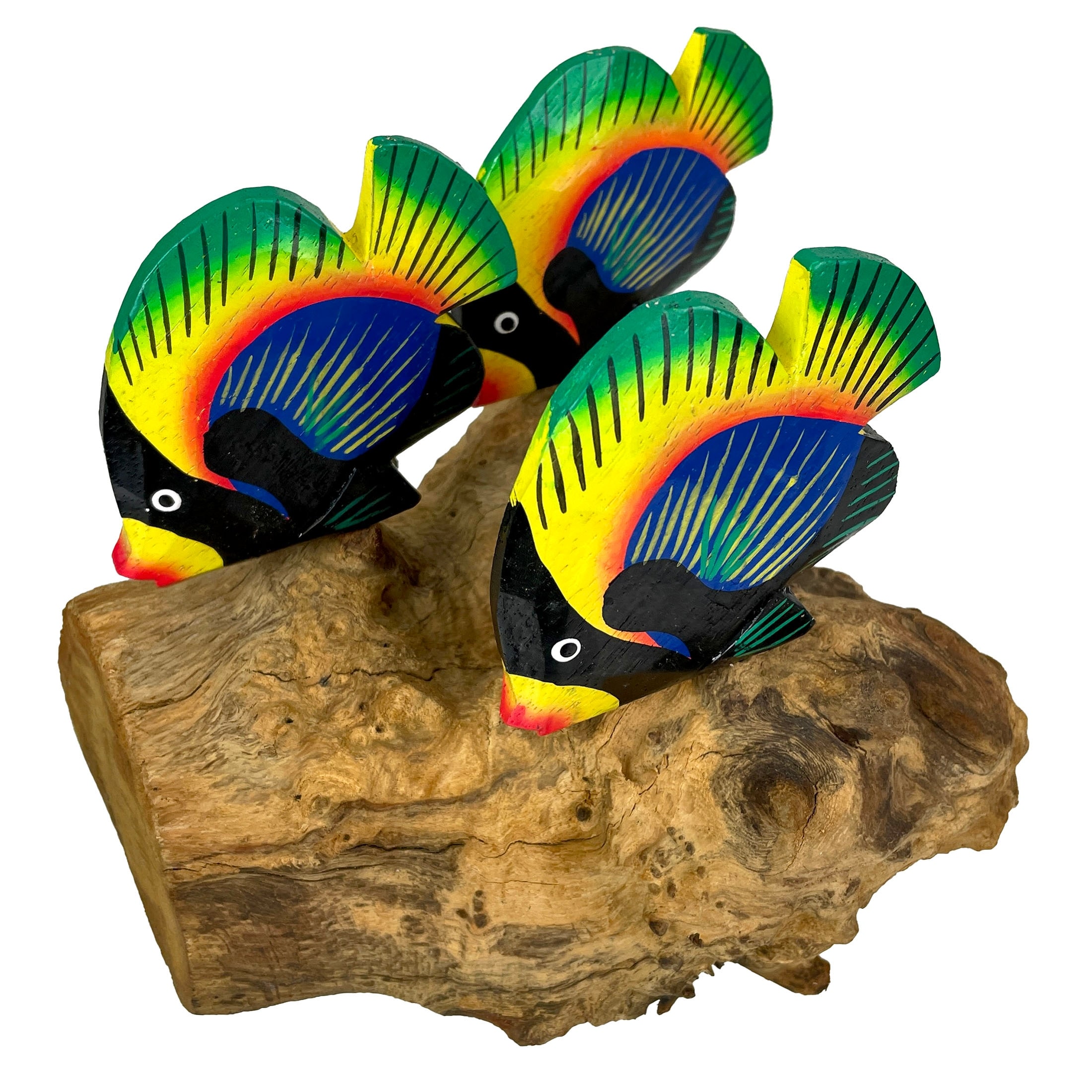 Handcrafted Driftwood & 3 Tropical Fish Sculpture Coastal Nautical - 6 X 7.5 X 7 inches