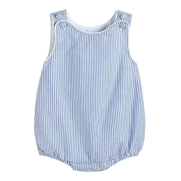 slide 2 of 4, Classic Dark Blue Seersucker Bubble Romper