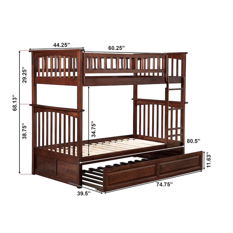 Columbia Twin over Twin Bunk Bed with Twin Size Trundle Bed in Walnut