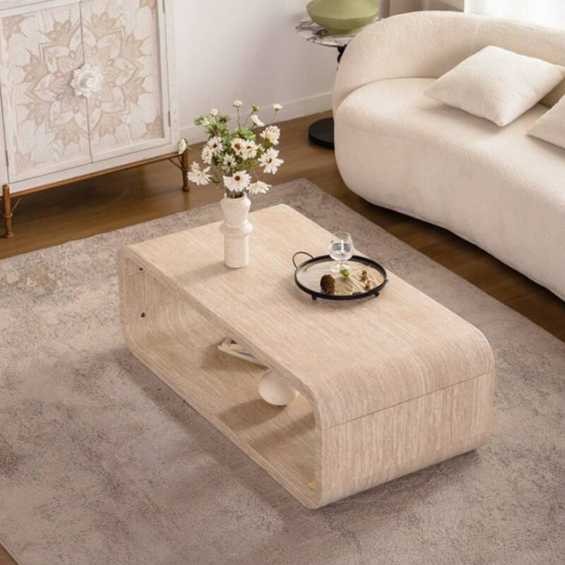 Modern Elegant Curved Light Wood Coffee Table with Open Storage & Open Frame for Contemporary Living Room