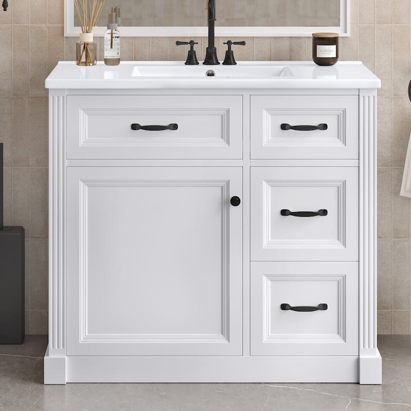 36 Inch Bathroom Vanity with Sink, Floor Mount Bathroom Storage Cabinet with Ceramic Basin - White - 36 Inch