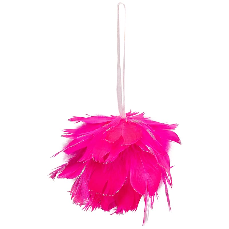 Glittered and Feathered Ball Christmas Ornament - 4" - Hot Pink