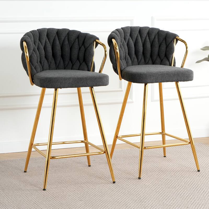 Bar Stools Set of 2, Kitchen Island Bar Chair with Back, Upholstered Low Bar Stools with Footrest and Metal legs - Dark Gray