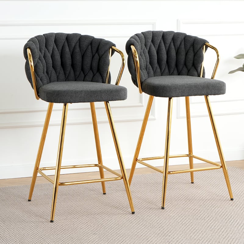 Modern design High stool Gold Plated legs Kitchen Dining Dark grey linen bar chair, suitable for Cafe Bar Restaurant (se