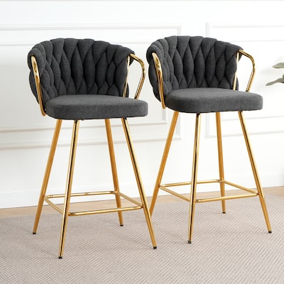 Modern design High stool Gold Plated legs Kitchen Dining Dark grey linen bar chair, suitable for Cafe Bar Restaurant (se
