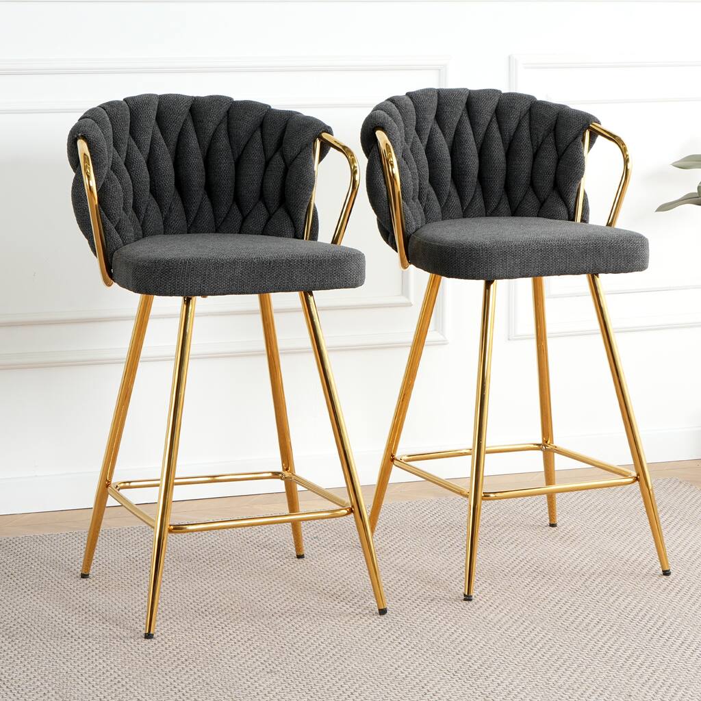 Modern design High stool Gold Plated legs Kitchen Dining Dark grey linen bar chair, suitable for Cafe Bar Restaurant (se