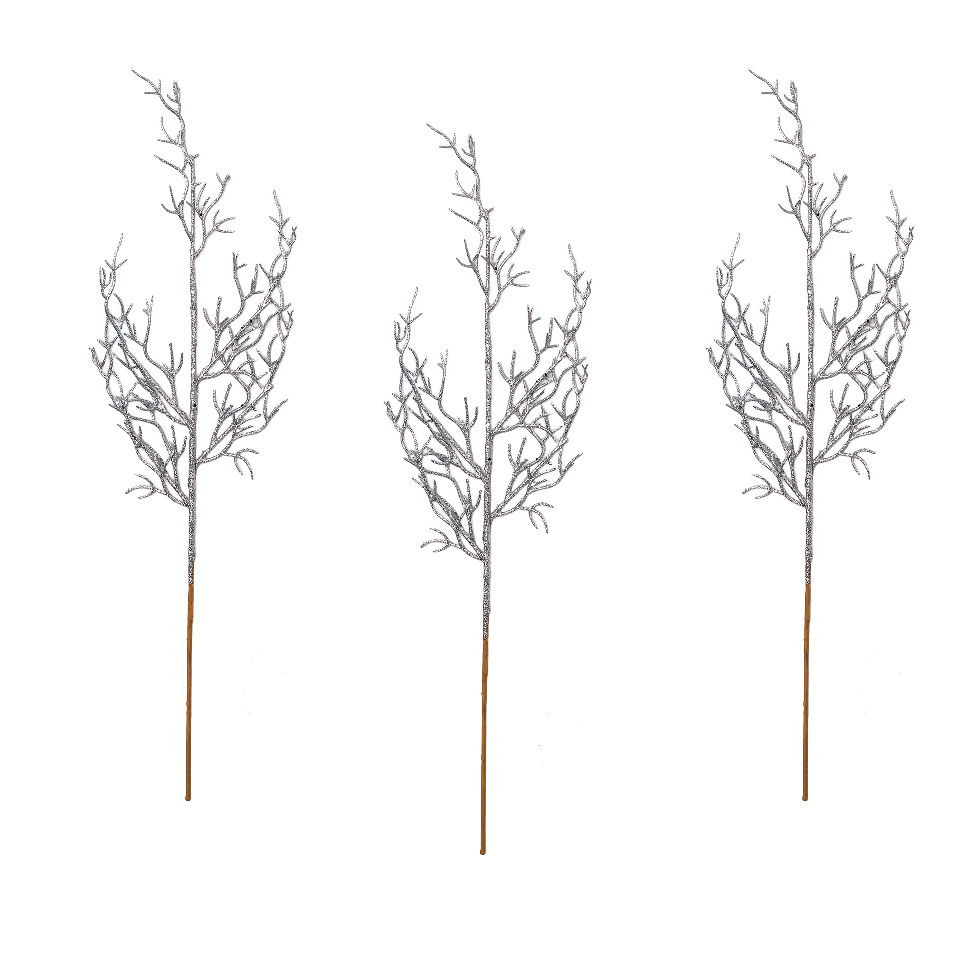 28" Glitter Twig Stem, Silver, Set of 3 - Silver