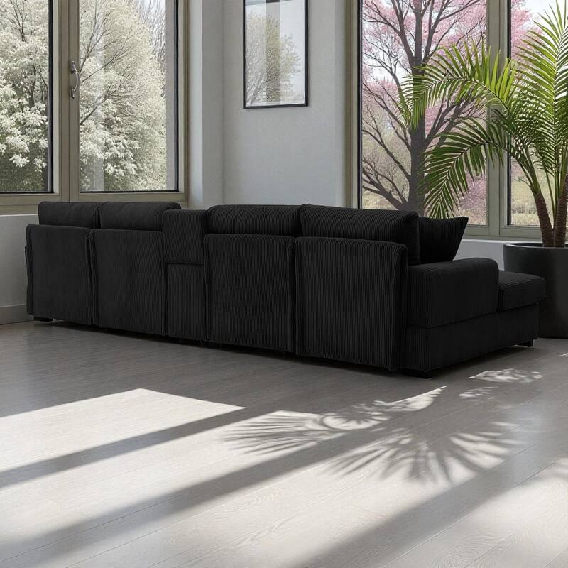 126" U-Shaped Cloud Couch Sectional with Double Chaise, Console, Cup Holders and USB, Oversized Corduroy Sofa