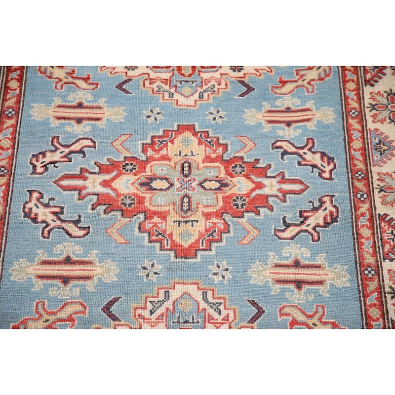 Light Blue Kazak Oriental Area Rug Hand-Knotted Wool Carpet - 4'1"x 6'0"