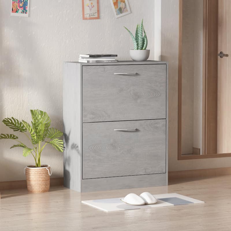 Modern Shoe Storage Cabinet for Entryway, 2 Tier Floor Shoes Cabinet - Grey - 2-drawer