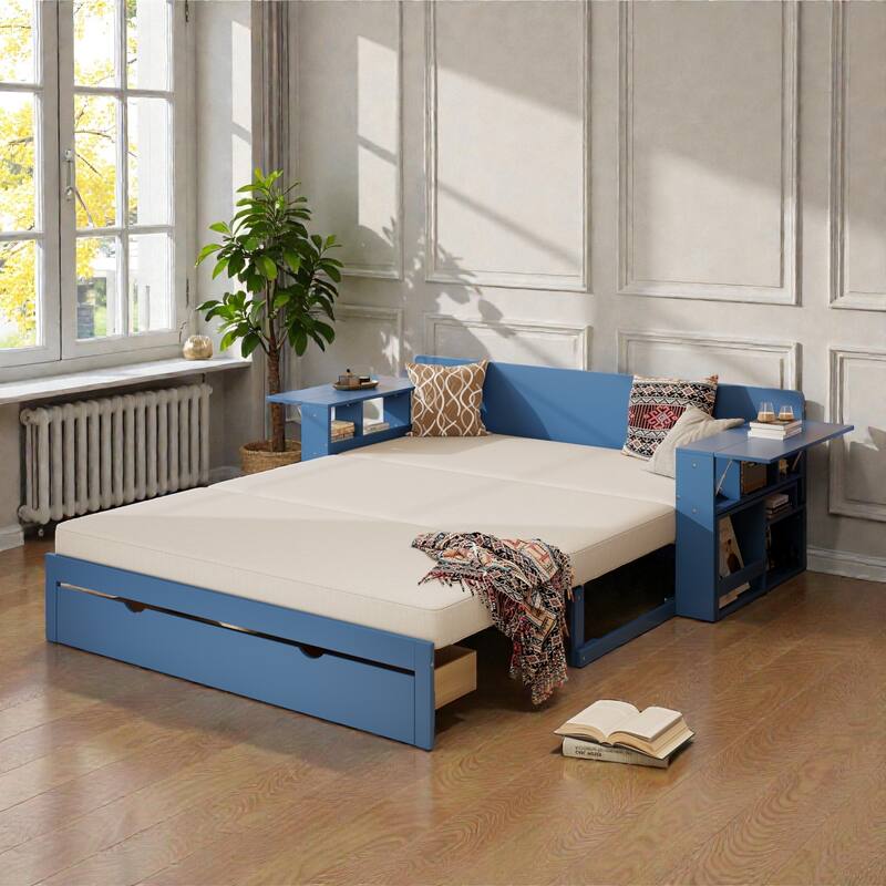 Queen Size 4-in-1 Daybed with Removable Desk, Storage Drawers, Hydraulic Side Tables & Extendable Armrests