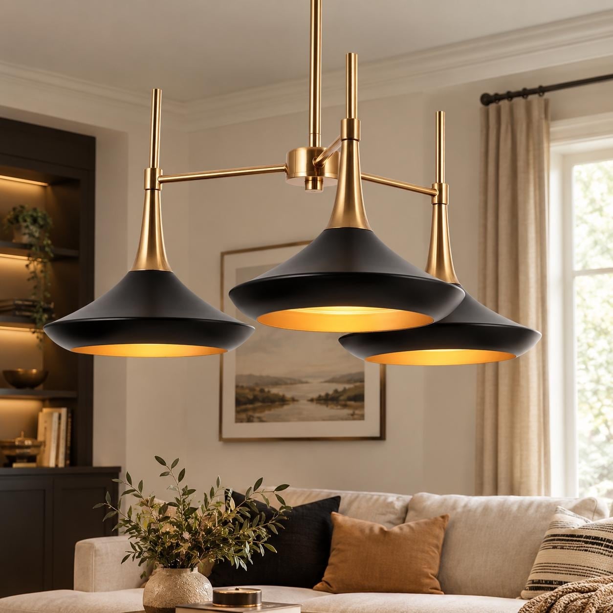 Conia Modern 3-Light Wheel Chandelier Black Gold Pendant for Dining Room - 25" W x 12" H
