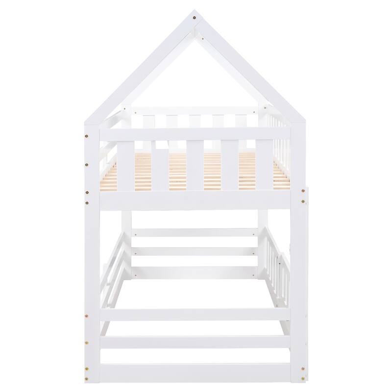 Twin Over Twin Bunk Bed with Fence and Door House Shape Design Solid Wood