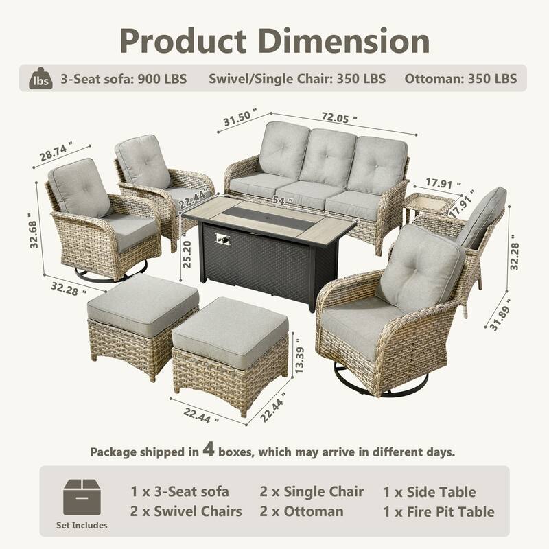HOOOWOOO 9-piece Outdoor Wicker Patio Furniture Swivel Rocking Chair Set with Fire Pit