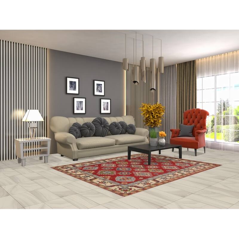 Red Geometric Kazak Area Rug Handmade Wool Carpet - 5'2" x 6'8"