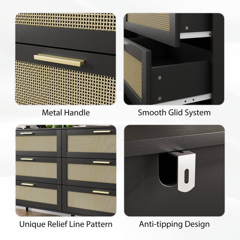 Modern Rattan 6-Drawer Dresser with Gold Handles