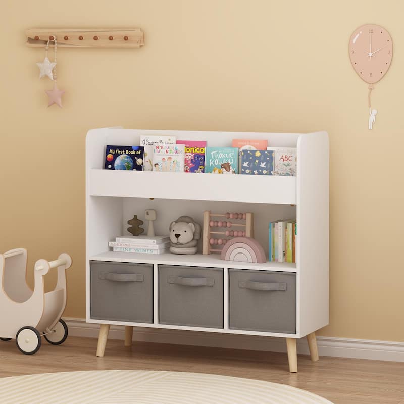 Kids Bookshelf with 3 Fabric Bins