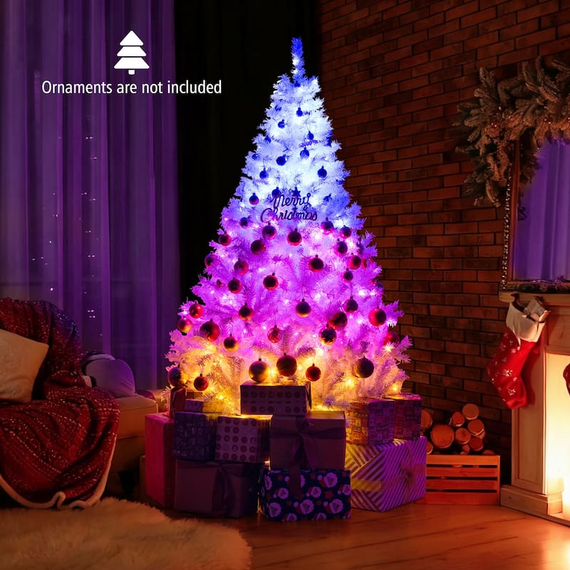 Pre-Lit White Christmas Tree with LED Lights and 11 Lighting Modes PVC Metal Holiday Tree with Stand
