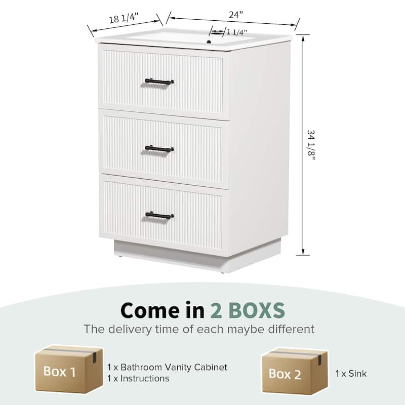 24 Inch Floor Standing Bathroom Vanity with Ceramic Sink and 2 Drawers