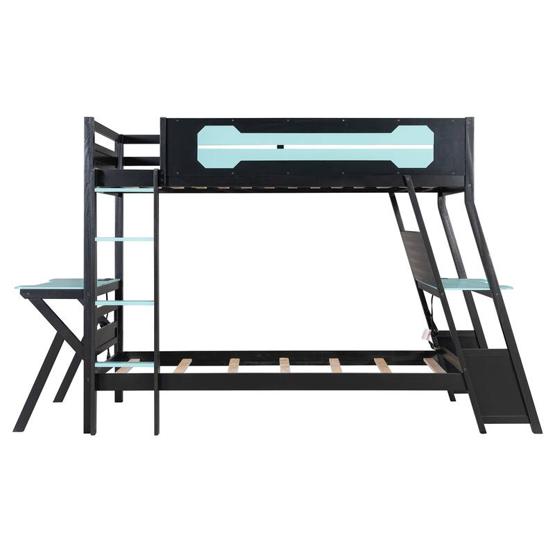 E-sports Inspired Bunk Bed with 2 Built-In Gaming Desks, USB Desktop Ports and Pegboard Organizer, Bunk Frame for Teens Gamer