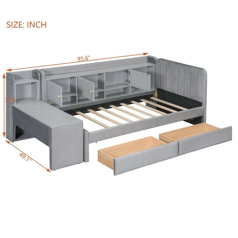 Twin Size Upholstered Daybed with Drawers, Shelves, Flip Cabinets & Side Table, Beige