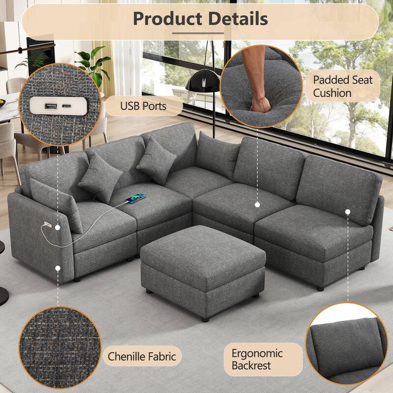 L-Shaped Modular Sectional Sofa Convertible U-Shaped Sofa Bed with Movable Ottoman and 2 USB Ports, 2 Pillows, Chenille 5 Seat