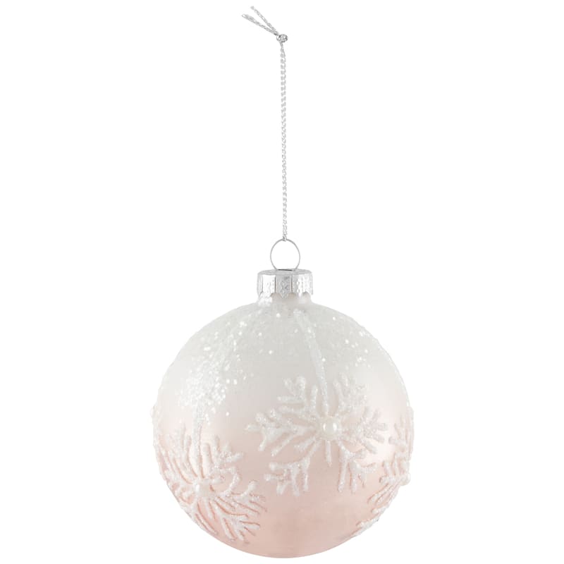 Snowflakes Glass Ball Christmas Ornaments - 3" (80mm) - Pink and White - 4ct