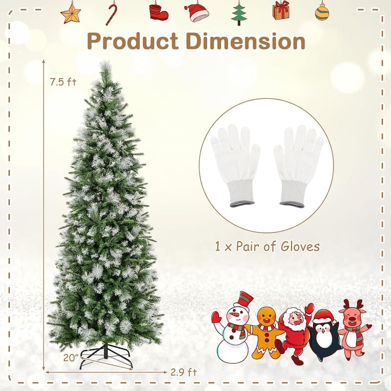 6/7.5/9 FT Pre-Lit Pencil Christmas Tree Snow Flocked Slim Artificial Tree - Green & White - 7.5 Foot