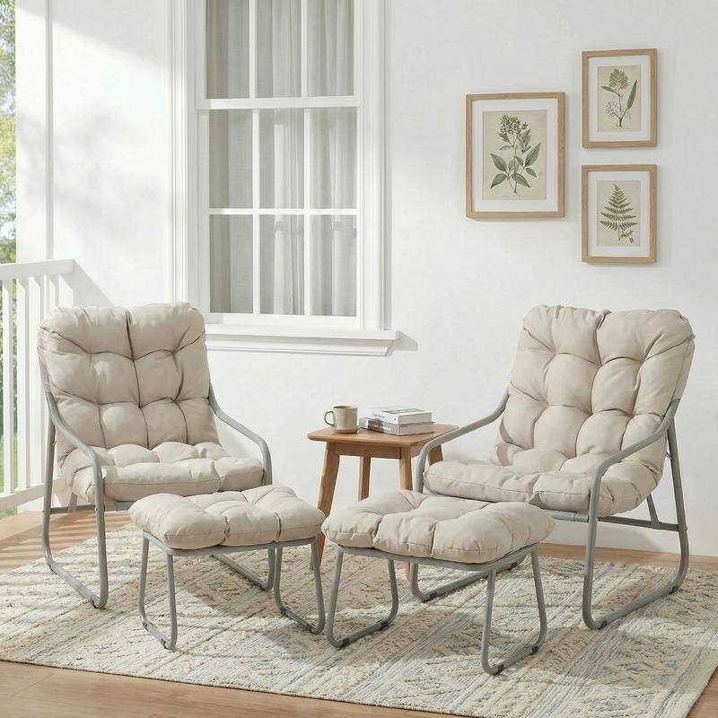 Outdoor Papasan Lounge Chair with Ottoman and Cushion for Patio Balcony Porch Deck