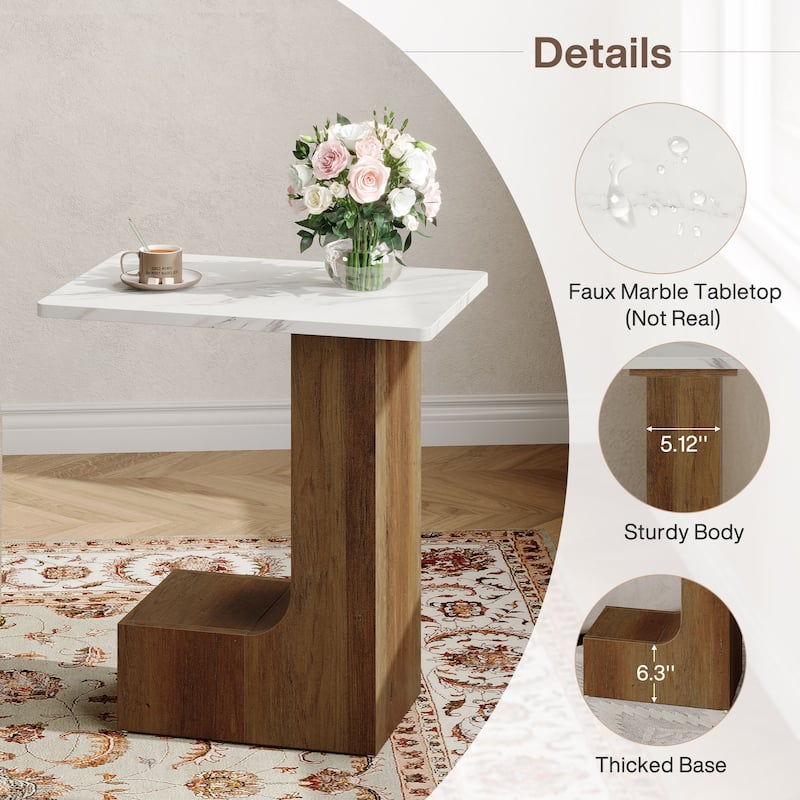 2-Tier C-Shaped Sofa Side Table, Bedside End Table with Faux Marble Tabletop, C Table for Sofa, Bedroom, Living Room