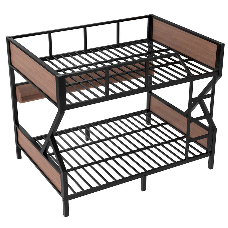 Metal Bedframe Queen Over Queen Bunk Bed with Storage Shelves and LED Light Strip, Space-saving & Noise-free Design