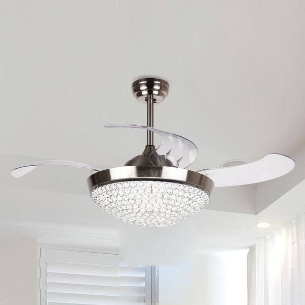 slide 2 of 7, Modern 46 inch LED Retractable Ceiling Fan - D 46"x H 16" Canopy:(D 6") Stain Nickel - Remote