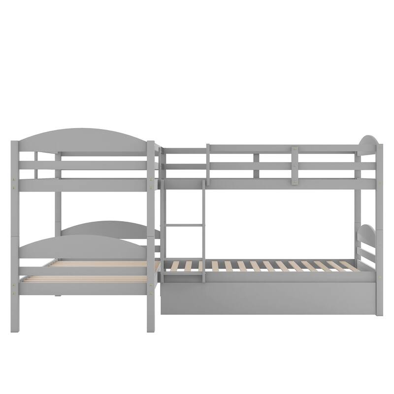 Twin L-Shaped Bunk Bed with Trundle Solid Pine Wood Convertible Beds