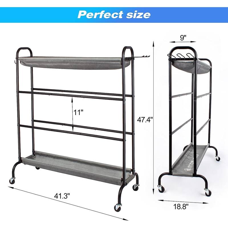 Sttoraboks Basketball Rack, Garage Ball Storage Stand Ball Rack Rolling Balls Organizer with Baseball Bat Holder & Hooks