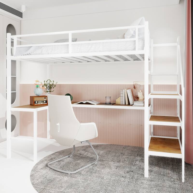 Loft Bed With L-Shaped Desk, Large Storage Space And Storage Compartments, Sturdy Bed Frame With Stairs, Continuous Belt Railing