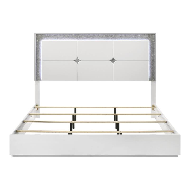Furniture of America Roon Modern White Wood Panel Bed with LED on Headboard