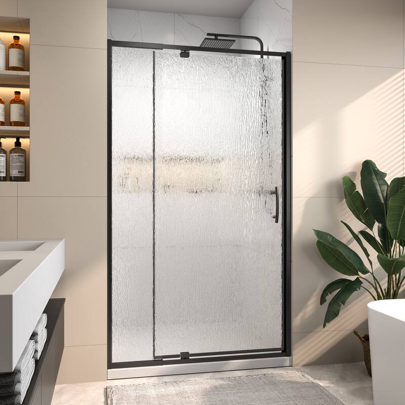 Modland 38-42"x71'' Adjustable Pivot Shower Door - Auto-Lift Hinge, Magnetic Seal, 5 Finishes for Uneven Walls - 42''x 71'' - Rain-Matte Black