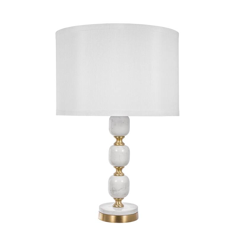 Marble Table Lamp with Fabric Drum Shade and Brass Finial Modern Vintage Style