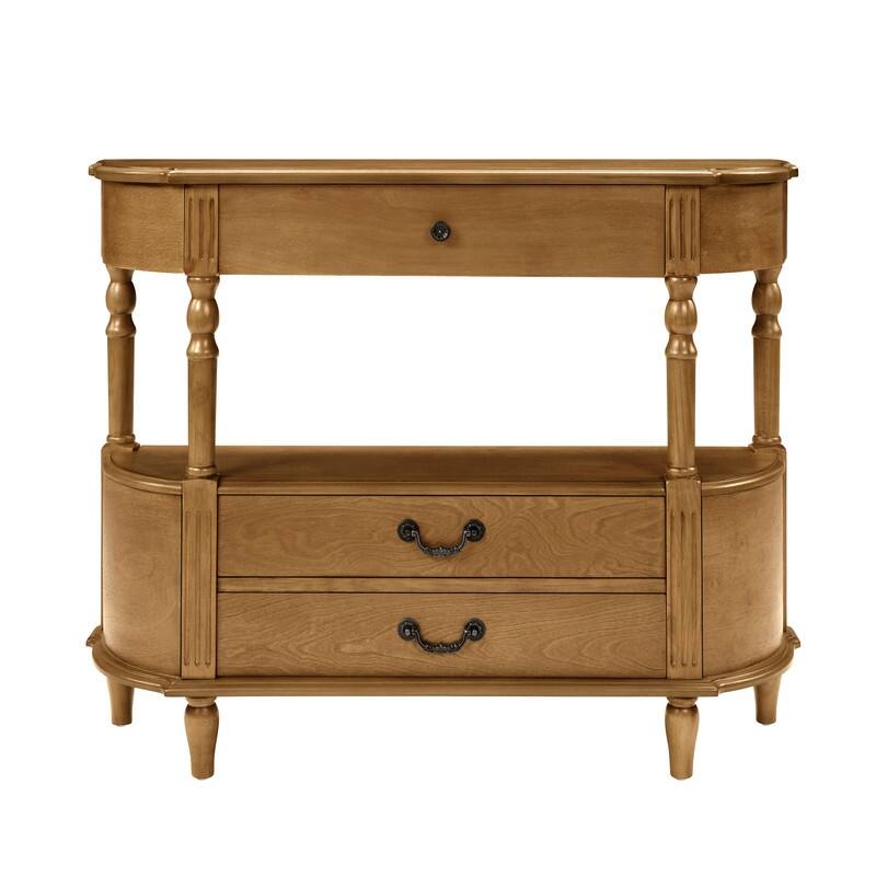 Retro 43" Curved Wood Console Table with 3 Drawers and Open Shelf, Sofa Table Behind Couch for Living Room and Hallway Storage