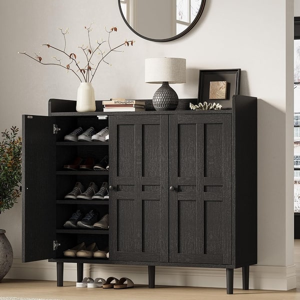 slide 2 of 7, Garvee Shoe Cabinet, Large Shoe Cabinet with 3 Doors & Adjustable Shelves, Anti-tip Design, Farmhouse Shoe Organizer Black