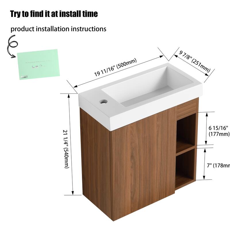20" Floating Bathroom Vanity with Sink, Mini Wall Mounted Bathroom Vanity with Soft Close Door