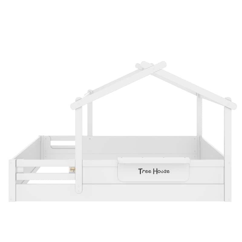 Montessori Floor Bed of 3 Kinds Size, House-shaped Platform Bed with Small Built-in Tray, Signboard and No Slats Design