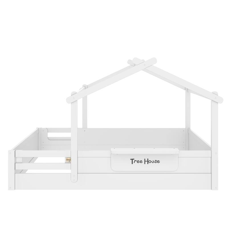 Queen Size Floor Bed with Guardrails and Roof, Kids House Floor Bed with a Small Built-in Tray and Free-installed Signboard