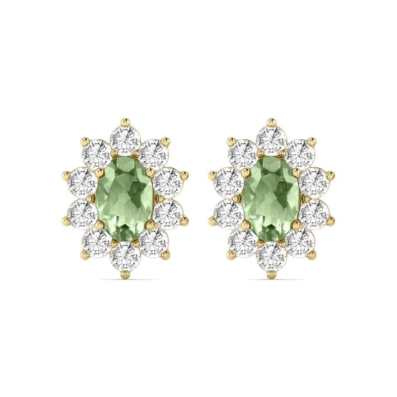Marquee Oval Shape Green Amethyst and Diamond Flower Earrings in 14K Yellow Gold