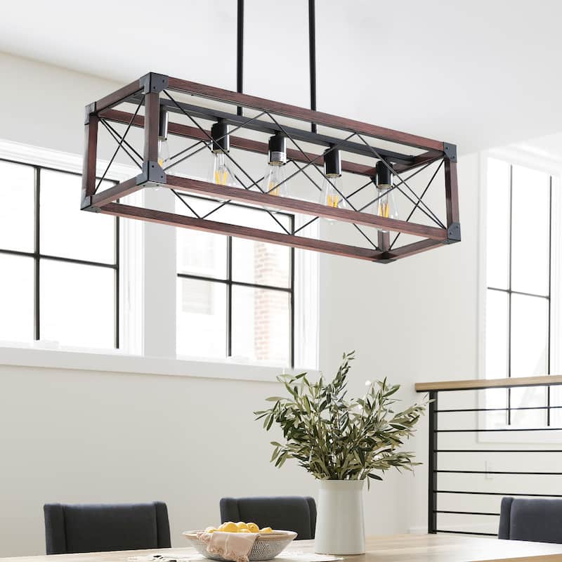 32" Red Wood Industrial Farmhouse Rectangle Pendant Light, 5-Light Chandelier for Dining Room, Kitchen Island (No Bulbs)